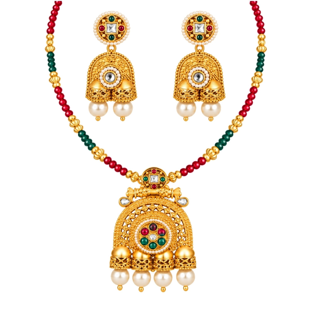 Fariham – Red & Green Beaded Jhumka Necklace Set