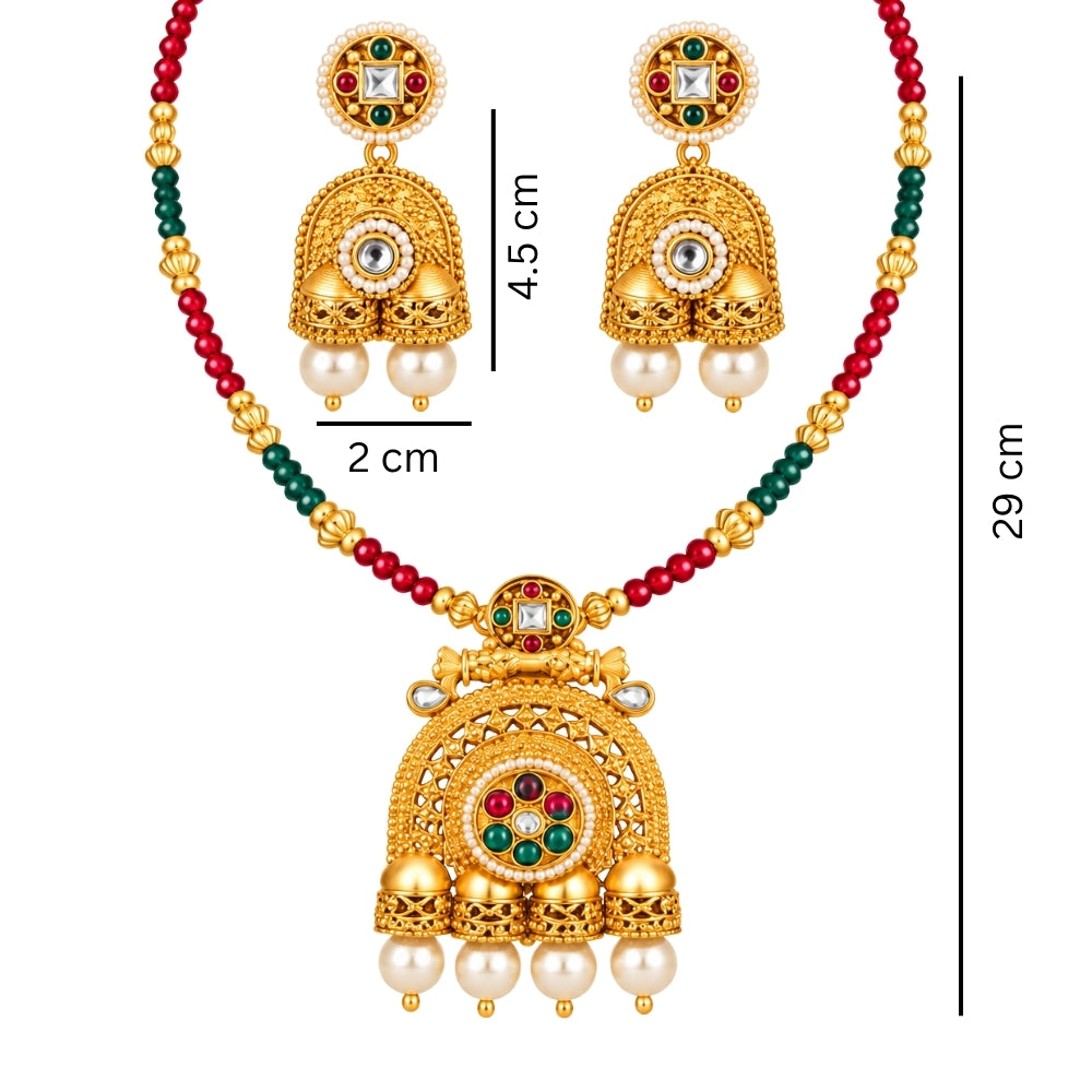 Fariham – Red & Green Beaded Jhumka Necklace Set