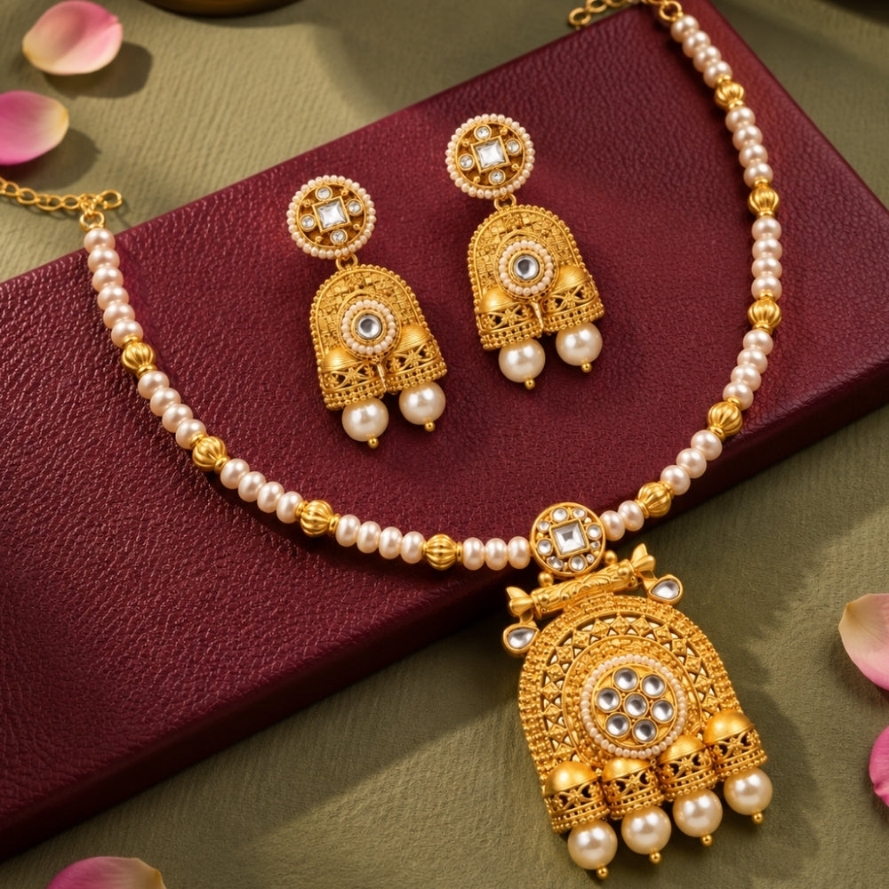 Fariham – White Pearl Beaded  Necklace Set