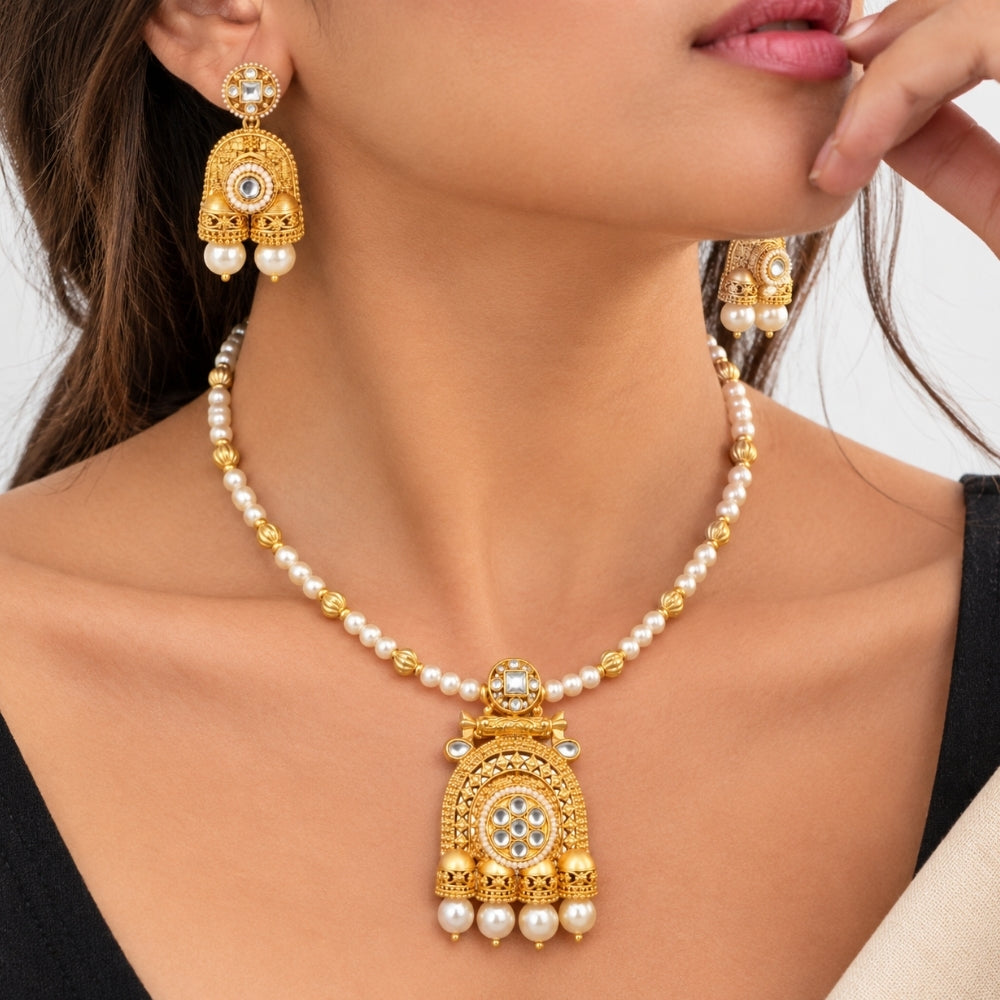 Fariham – White Pearl Beaded  Necklace Set