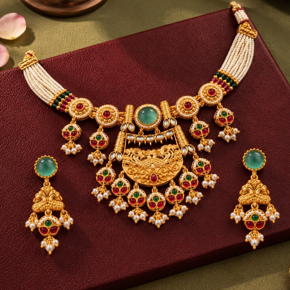 Eram – Multicolour Kundan Pearl Layered Necklace Set
