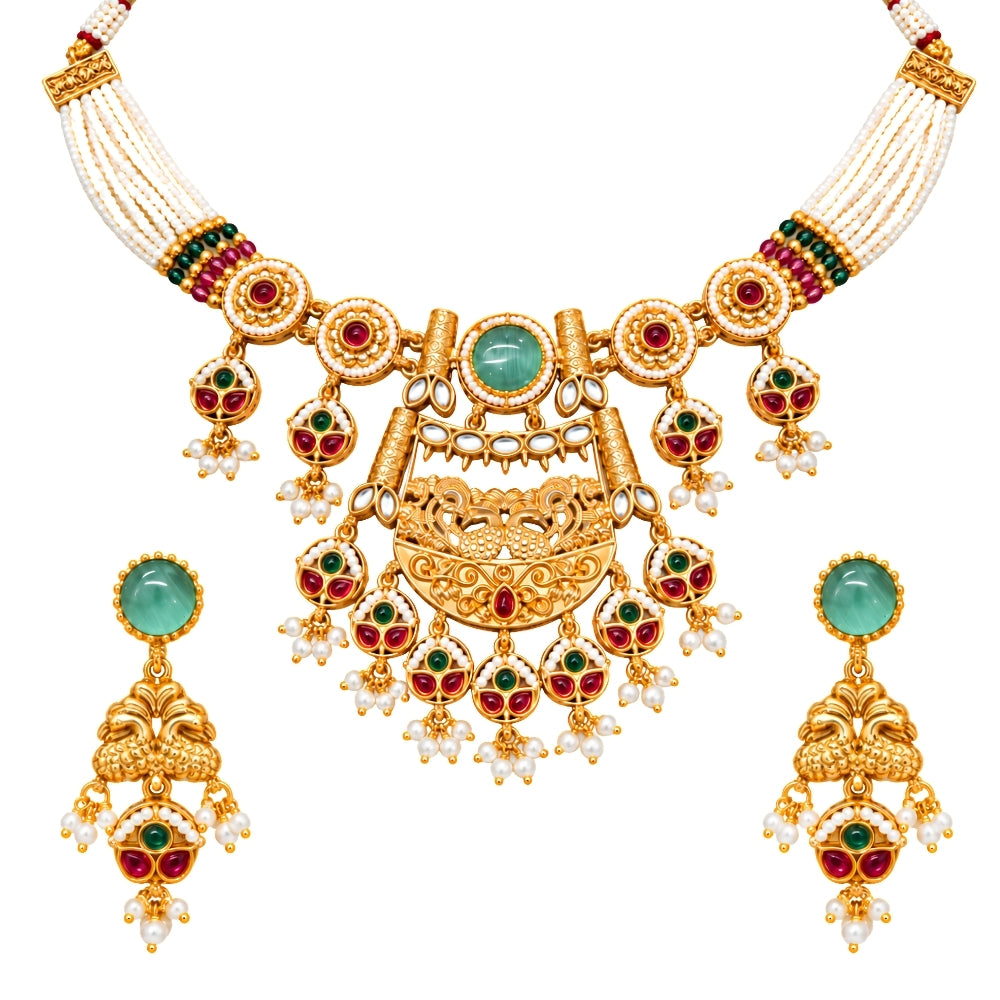 Eram – Multicolour Kundan Pearl Layered Necklace Set