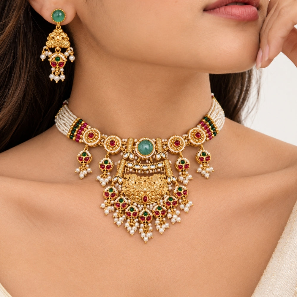 Eram – Multicolour Kundan Pearl Layered Necklace Set