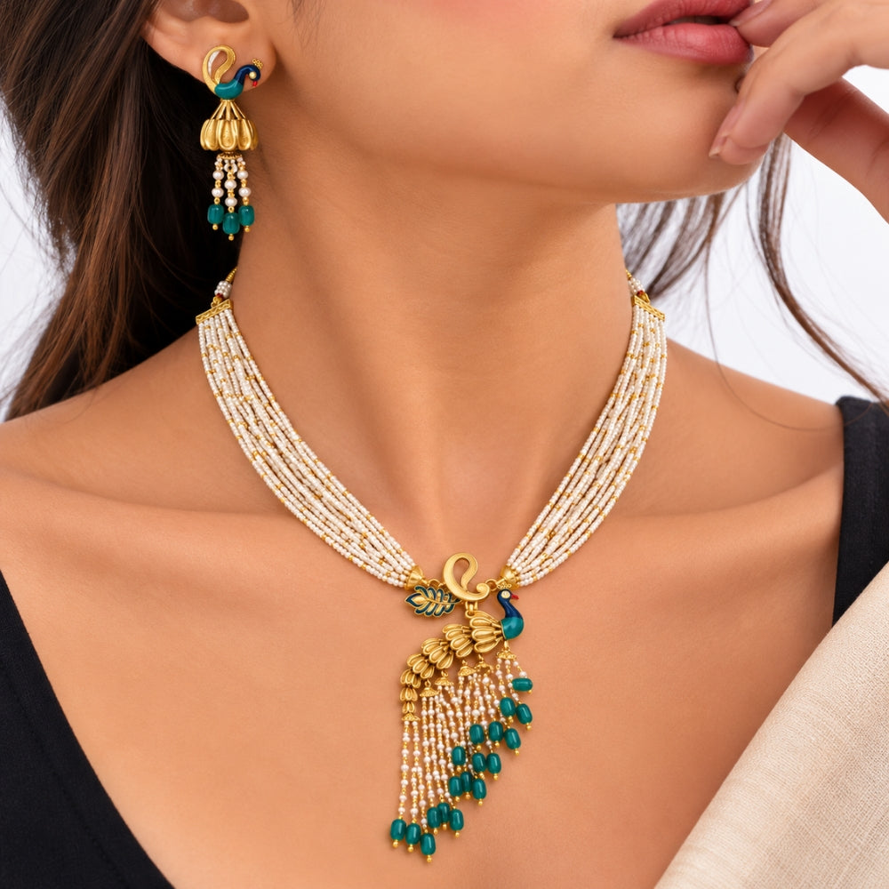 Mohini – Peacock Design Green & Pearl Layered Necklace Set