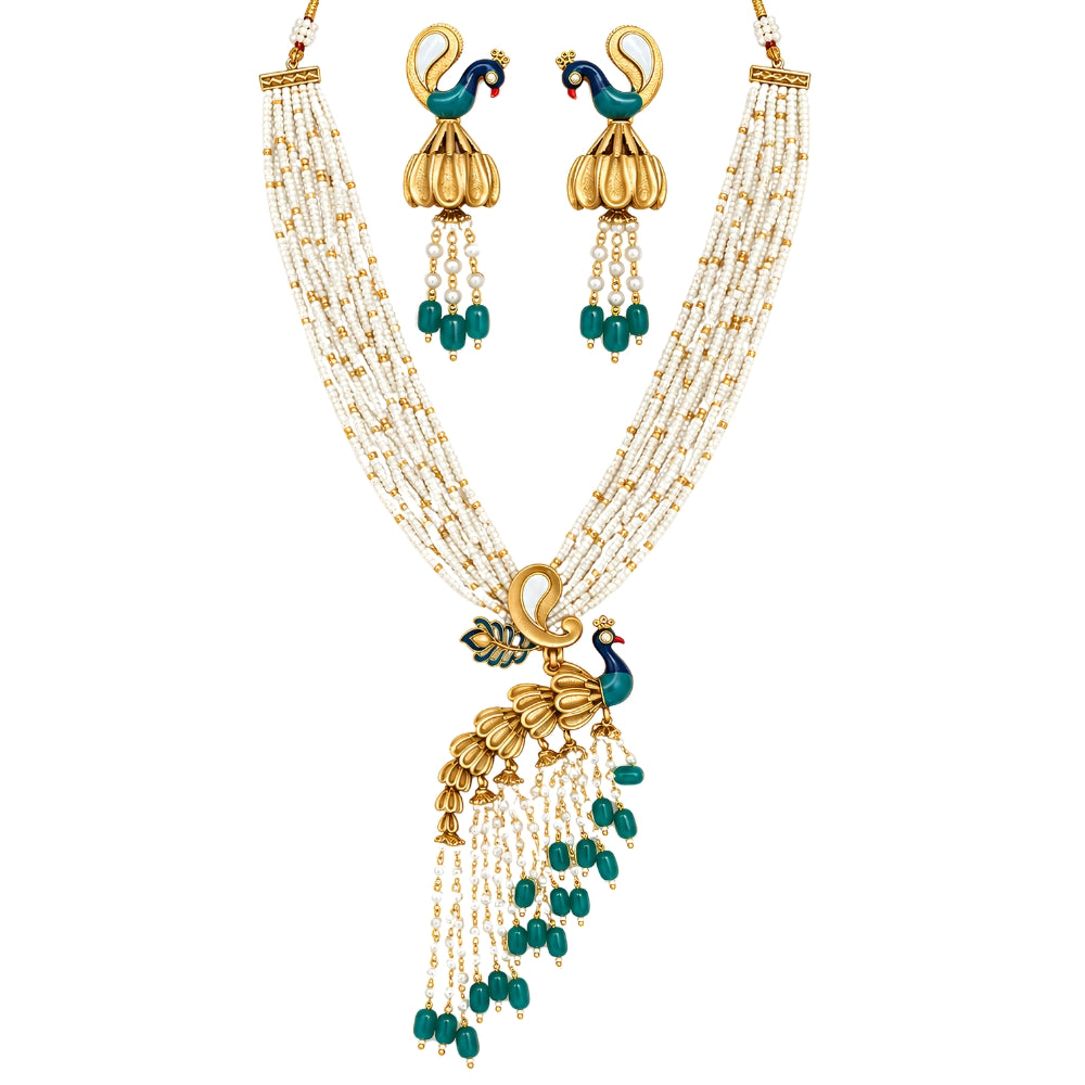 Mohini – Peacock Design Green & Pearl Layered Necklace Set
