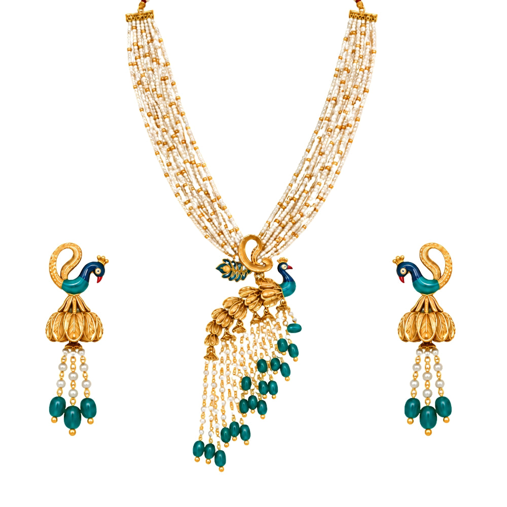 Mohini – Peacock Design Green & Pearl Layered Necklace Set