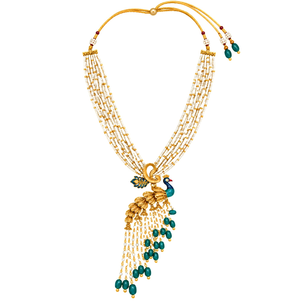 Mohini – Peacock Design Green & Pearl Layered Necklace Set