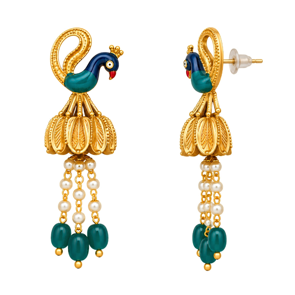 Mohini – Peacock Design Green & Pearl Layered Necklace Set