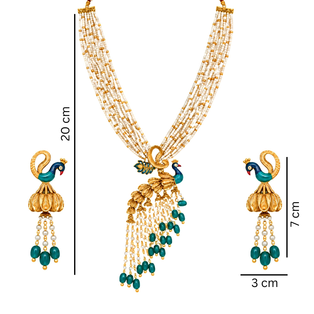 Mohini – Peacock Design Green & Pearl Layered Necklace Set