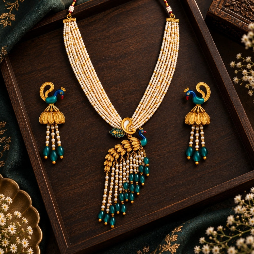 Mohini – Peacock Design Green & Pearl Layered Necklace Set
