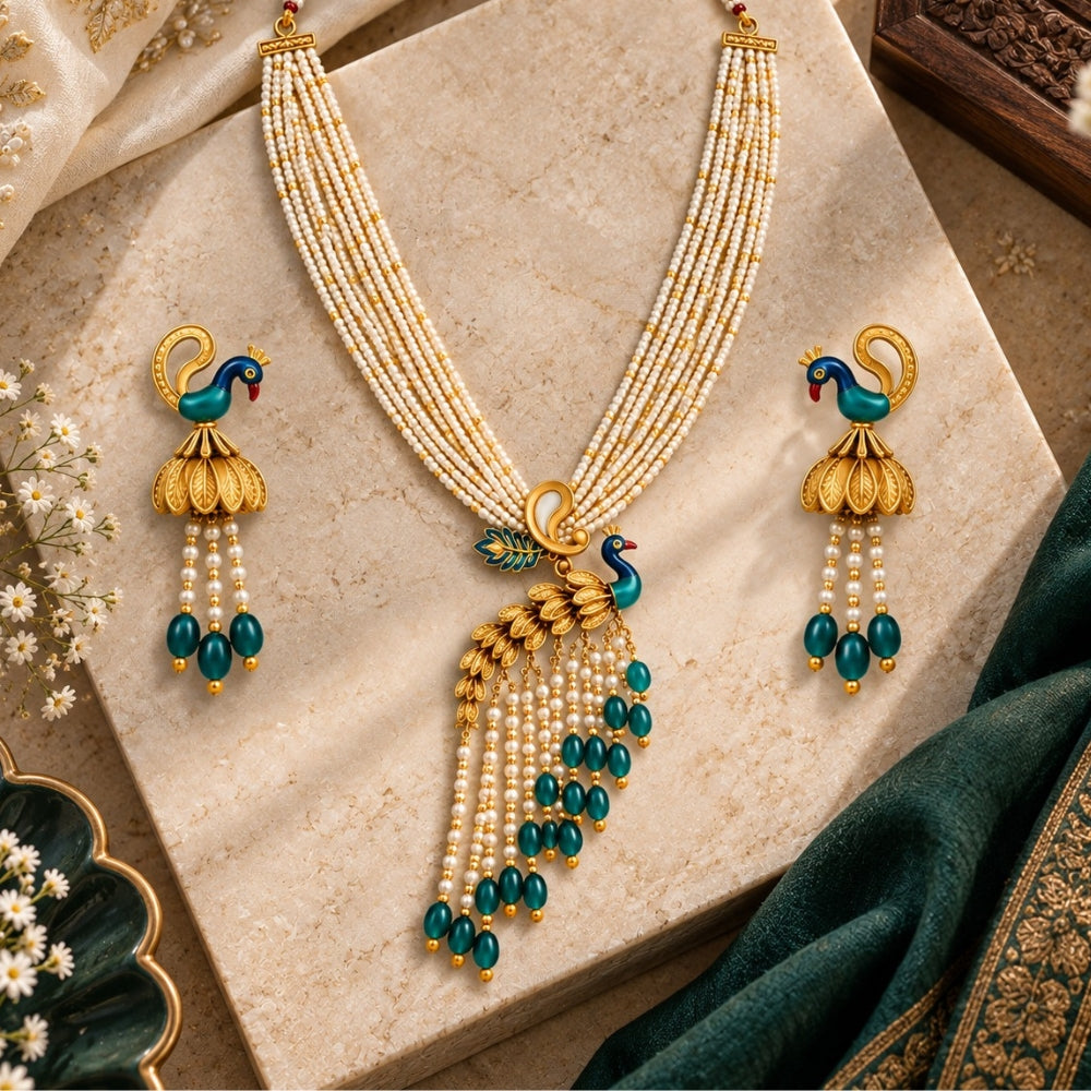 Mohini – Peacock Design Green & Pearl Layered Necklace Set