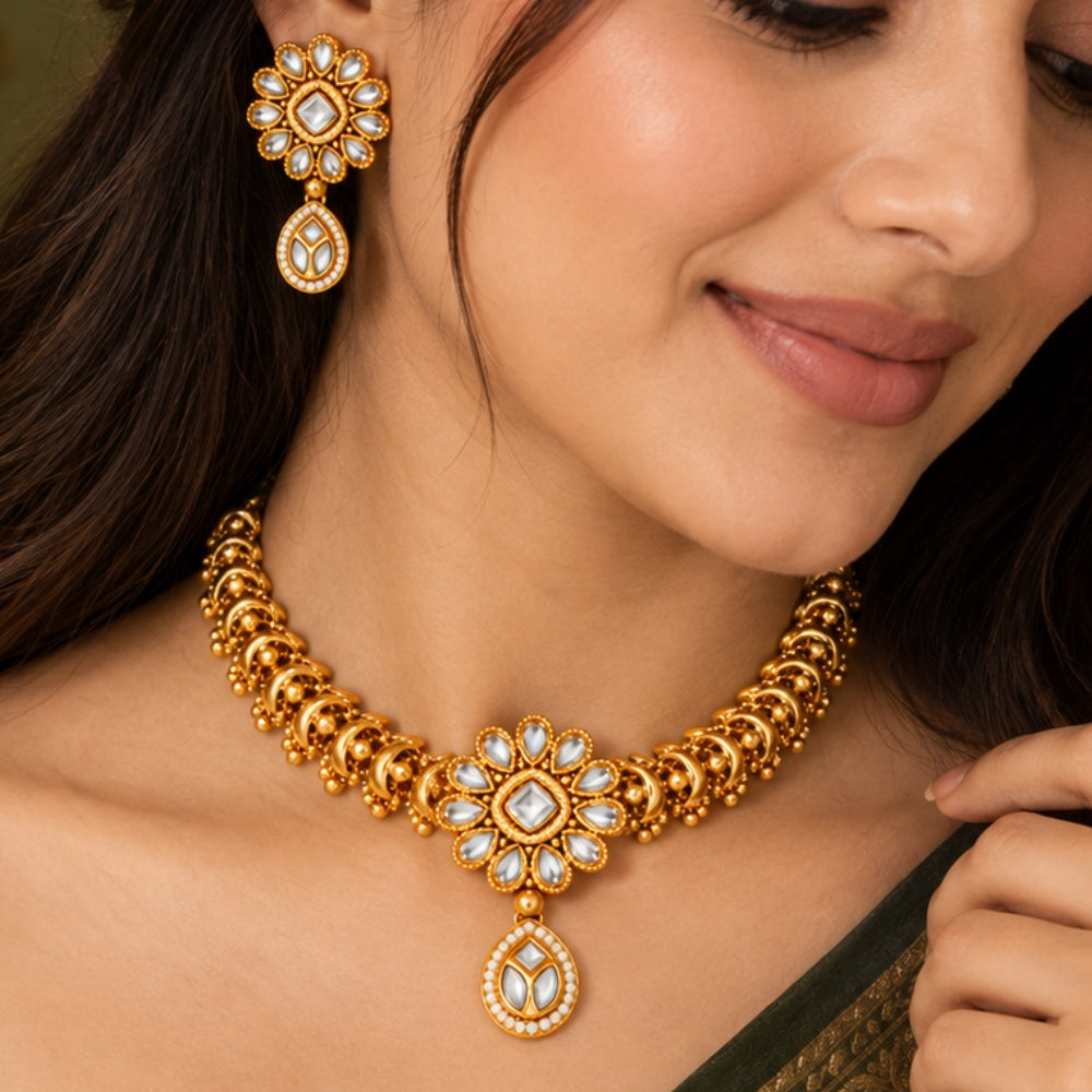 Sagrika – White Kundan Floral Choker Necklace Set