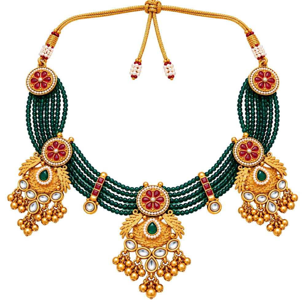 Darshini – Green Beaded Kundan Necklace Set