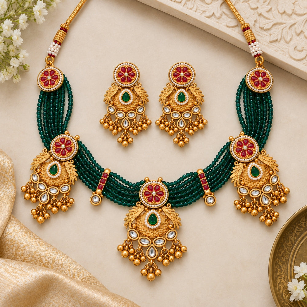 Darshini – Green Beaded Kundan Necklace Set