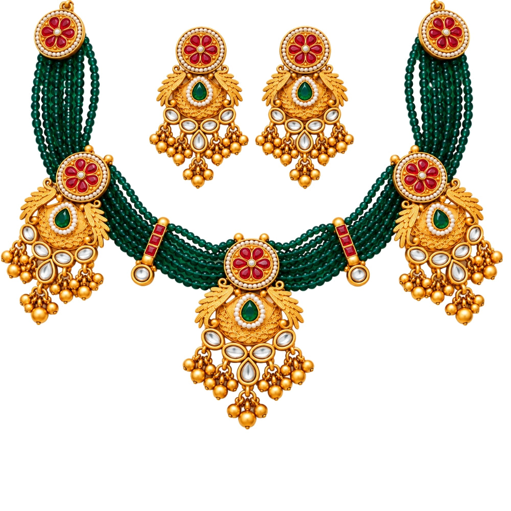 Darshini – Green Beaded Kundan Necklace Set