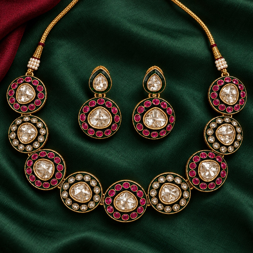 Vasudha- Pinka and Green Kundan-Studded Necklace Set