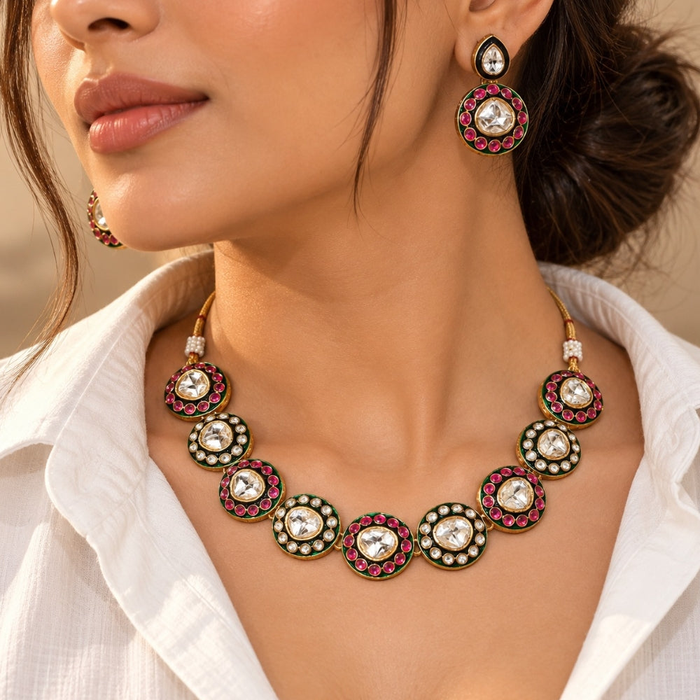 Vasudha- Pinka and Green Kundan-Studded Necklace Set