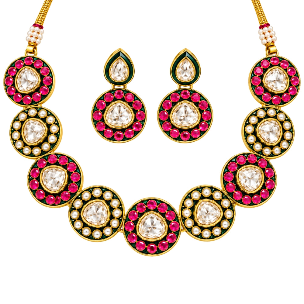 Vasudha- Pinka and Green Kundan-Studded Necklace Set