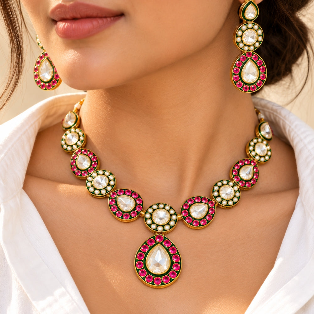 Ranjika - Pink and Green Kundan studded Necklace Set