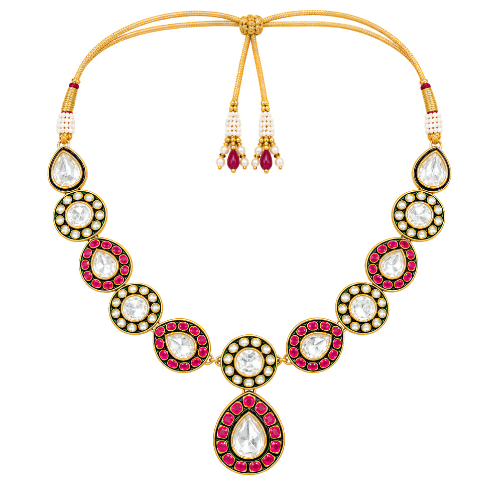 Ranjika - Pink and Green Kundan studded Necklace Set