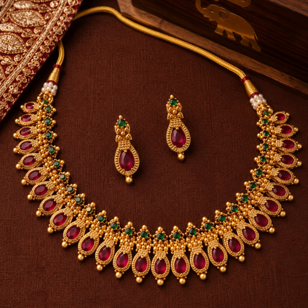 Dhrishna- Pink &amp; Green Teardrop Choker Necklace Set
