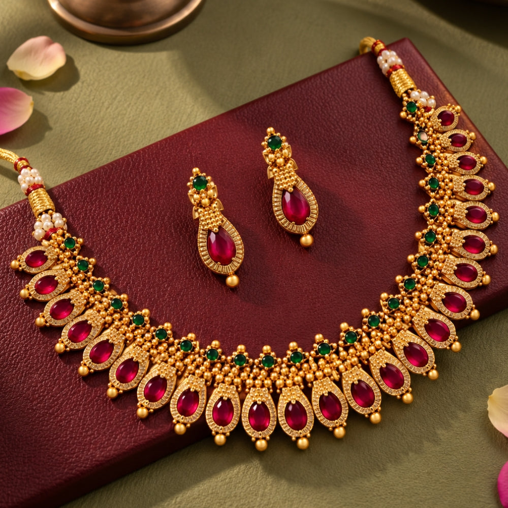 Dhrishna- Pink &amp; Green Teardrop Choker Necklace Set
