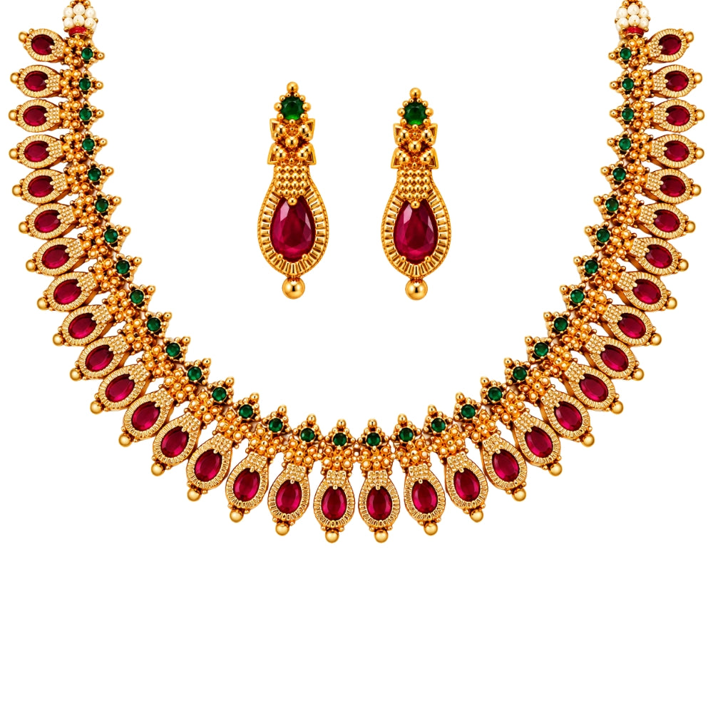Dhrishna- Pink &amp; Green Teardrop Choker Necklace Set