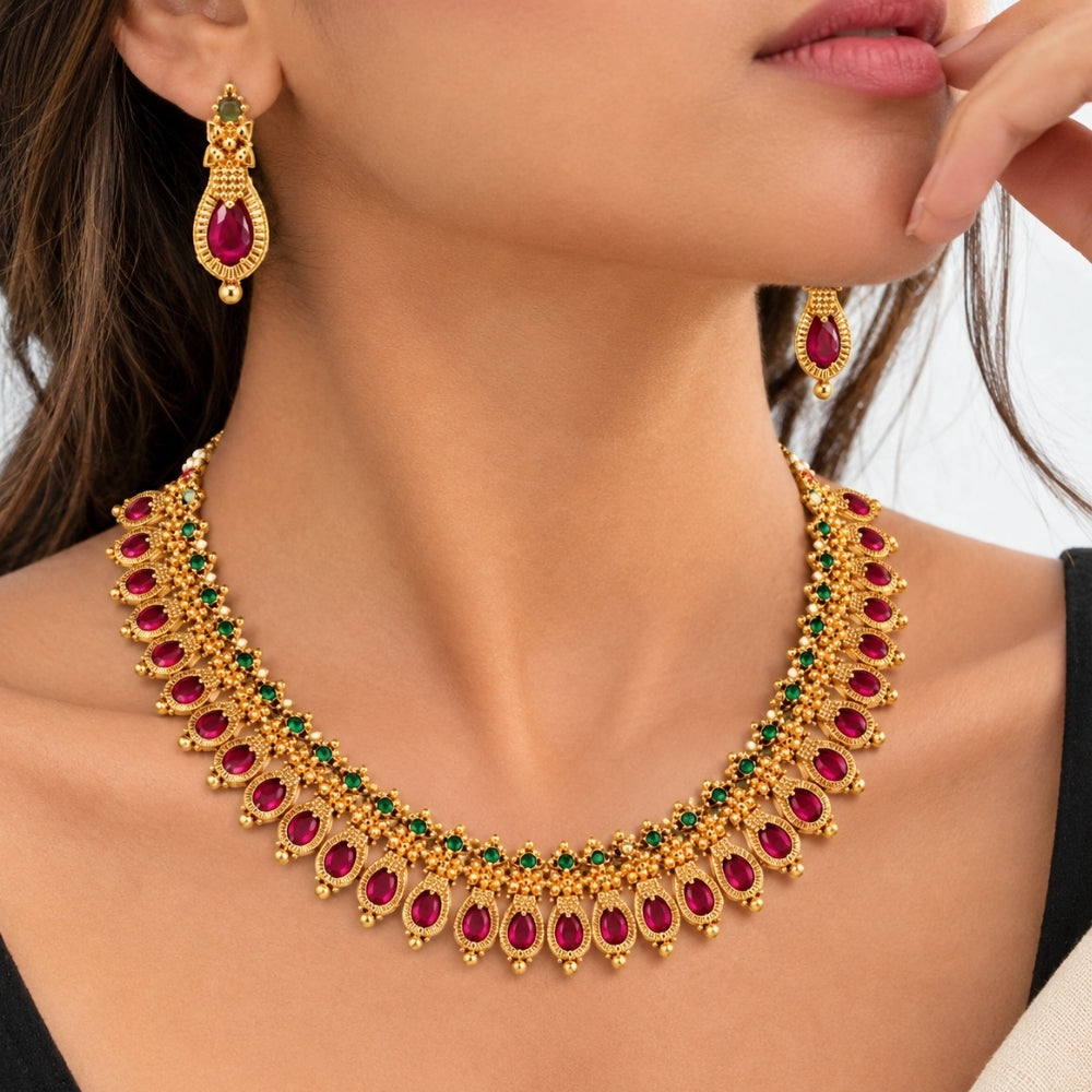 Dhrishna- Pink &amp; Green Teardrop Choker Necklace Set