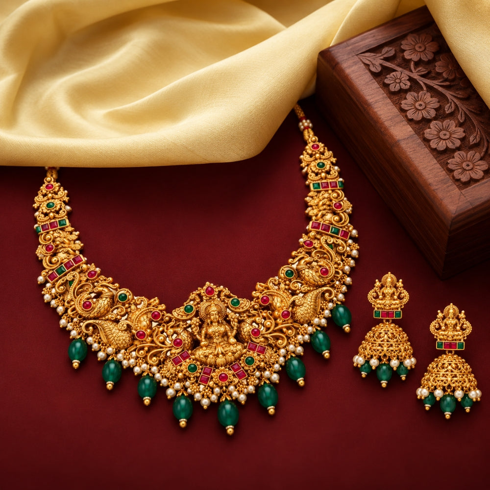 Nityasha - Pink & Green Lakshmi Temple Necklace Set