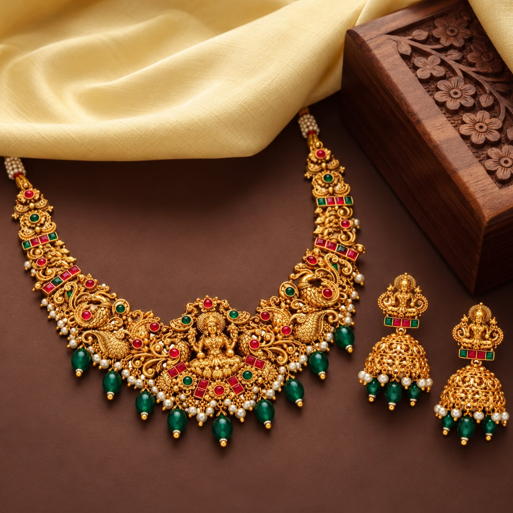 Nityasha - Pink & Green Lakshmi Temple Necklace Set