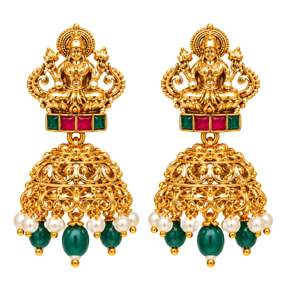 Nityasha - Pink & Green Lakshmi Temple Necklace Set