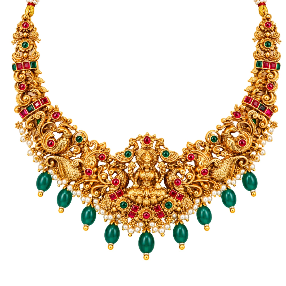 Nityasha - Pink & Green Lakshmi Temple Necklace Set