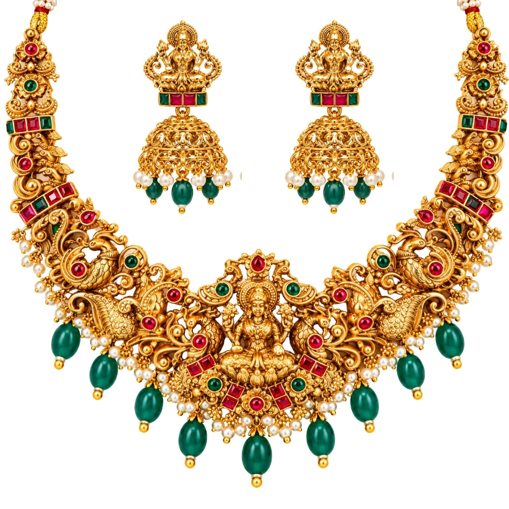 Nityasha - Pink & Green Lakshmi Temple Necklace Set