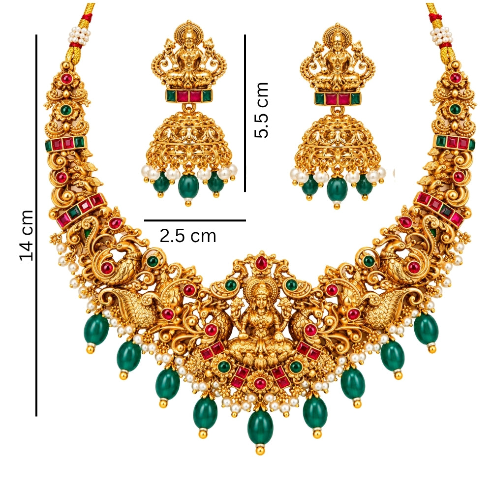 Nityasha - Pink & Green Lakshmi Temple Necklace Set
