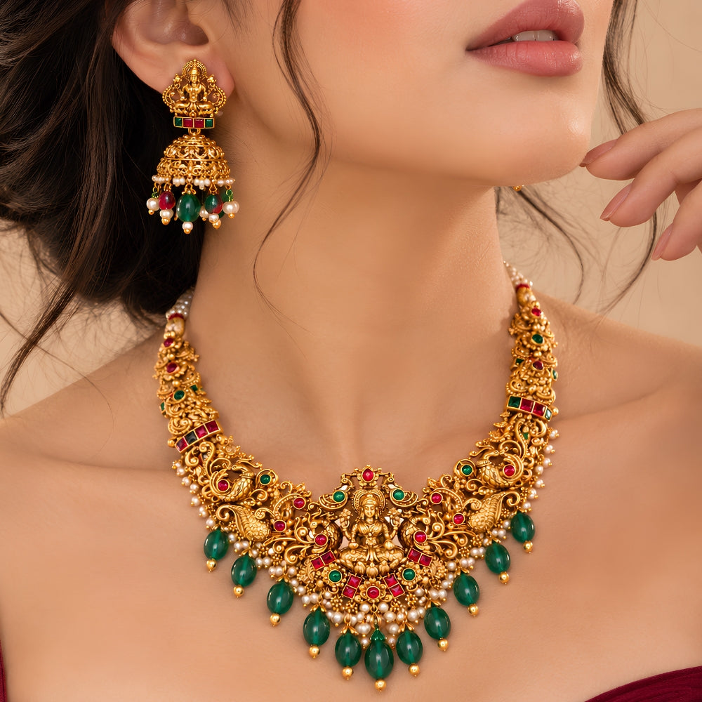 Nityasha - Pink & Green Lakshmi Temple Necklace Set
