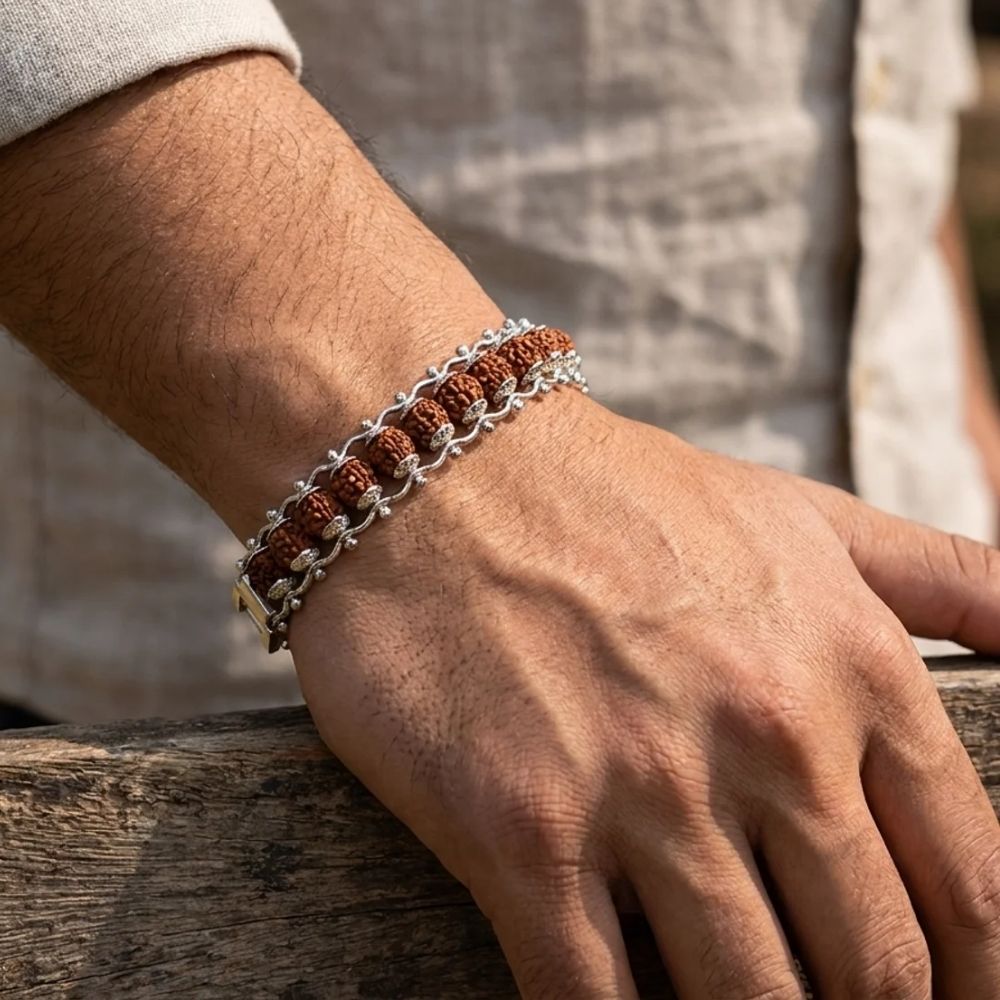 Adhray- Traditional Silver-Tone Rudraksha Bracelet for Men