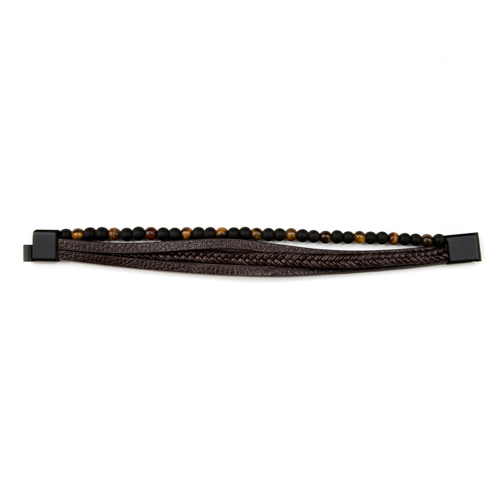 Mivaan - Men's Wraparound Leather Bracelet with Tiger Eye & Matte Black Beads
