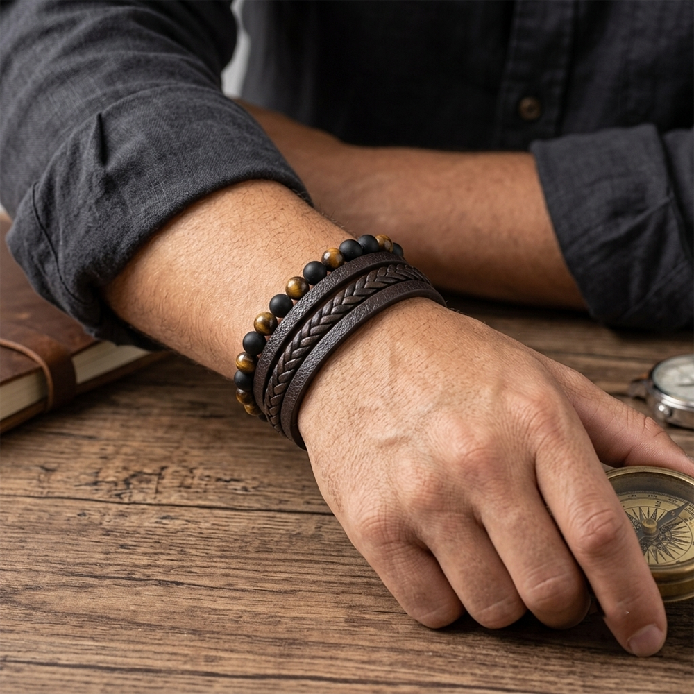 Mivaan - Men's Wraparound Leather Bracelet with Tiger Eye & Matte Black Beads