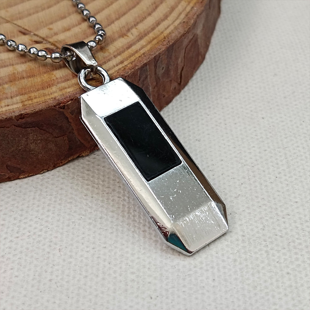 Tyler- Men’s Silver Geometric Bar Pendant with Black Inlay and Ball Chain