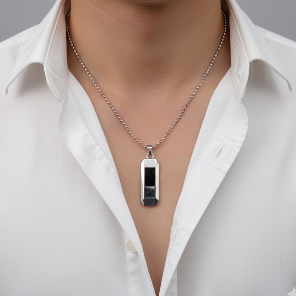 Tyler- Men’s Silver Geometric Bar Pendant with Black Inlay and Ball Chain