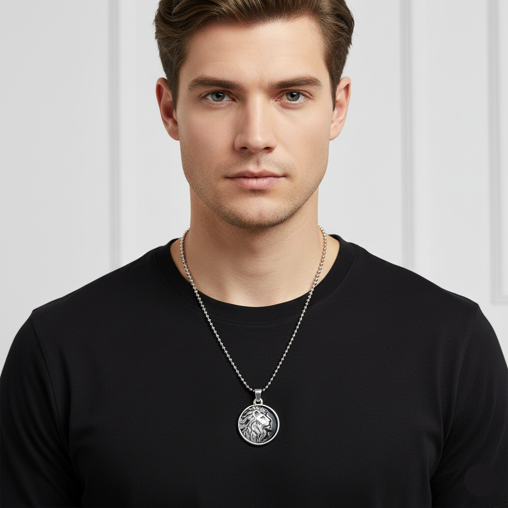 Liam- Men’s Antique Silver Lion Head Pendant with Stainless Steel Ball Chain