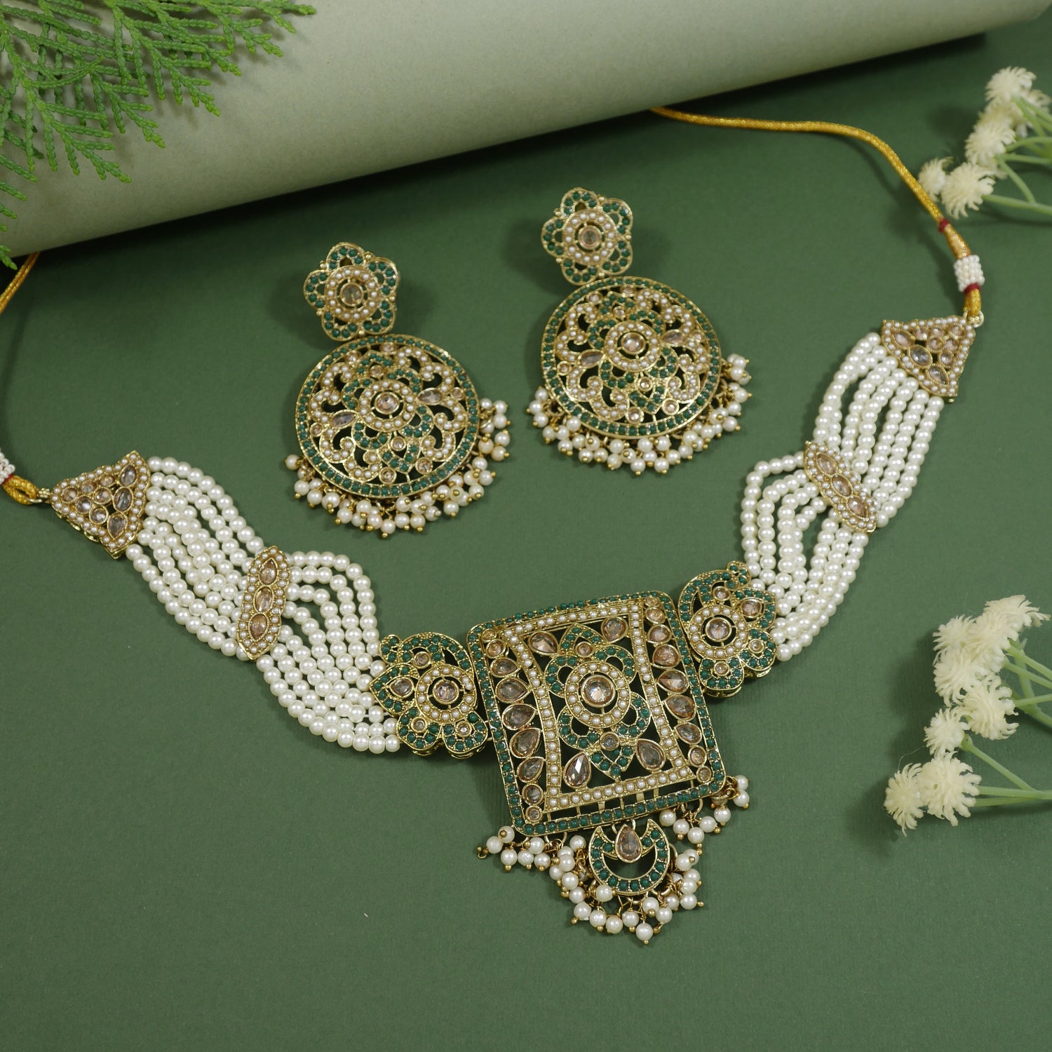 raditional kundan pearl necklace set with square pendant and floral chandbali earrings 