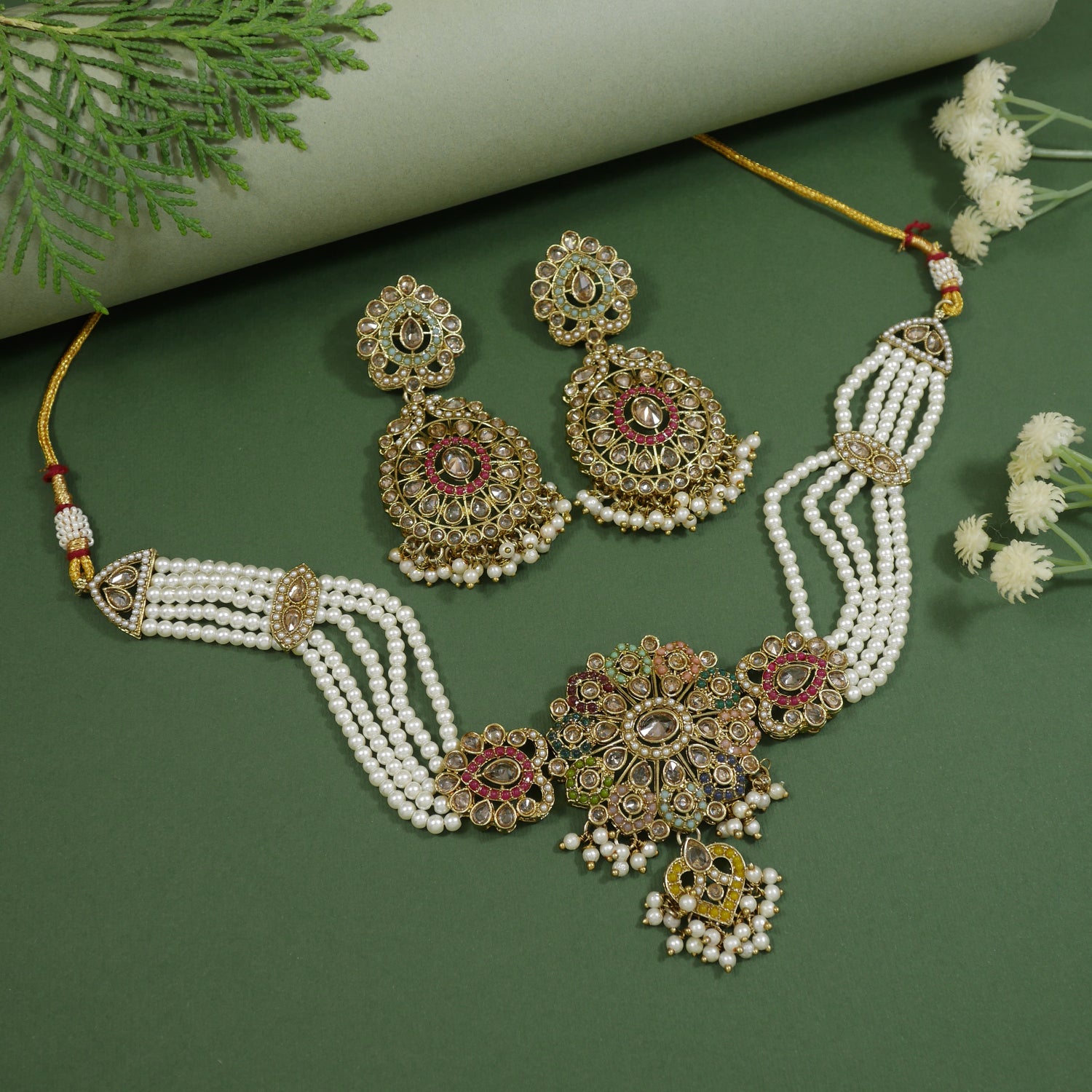 Floral kundan pearl necklace set with multicolor stones and traditional drop earrings