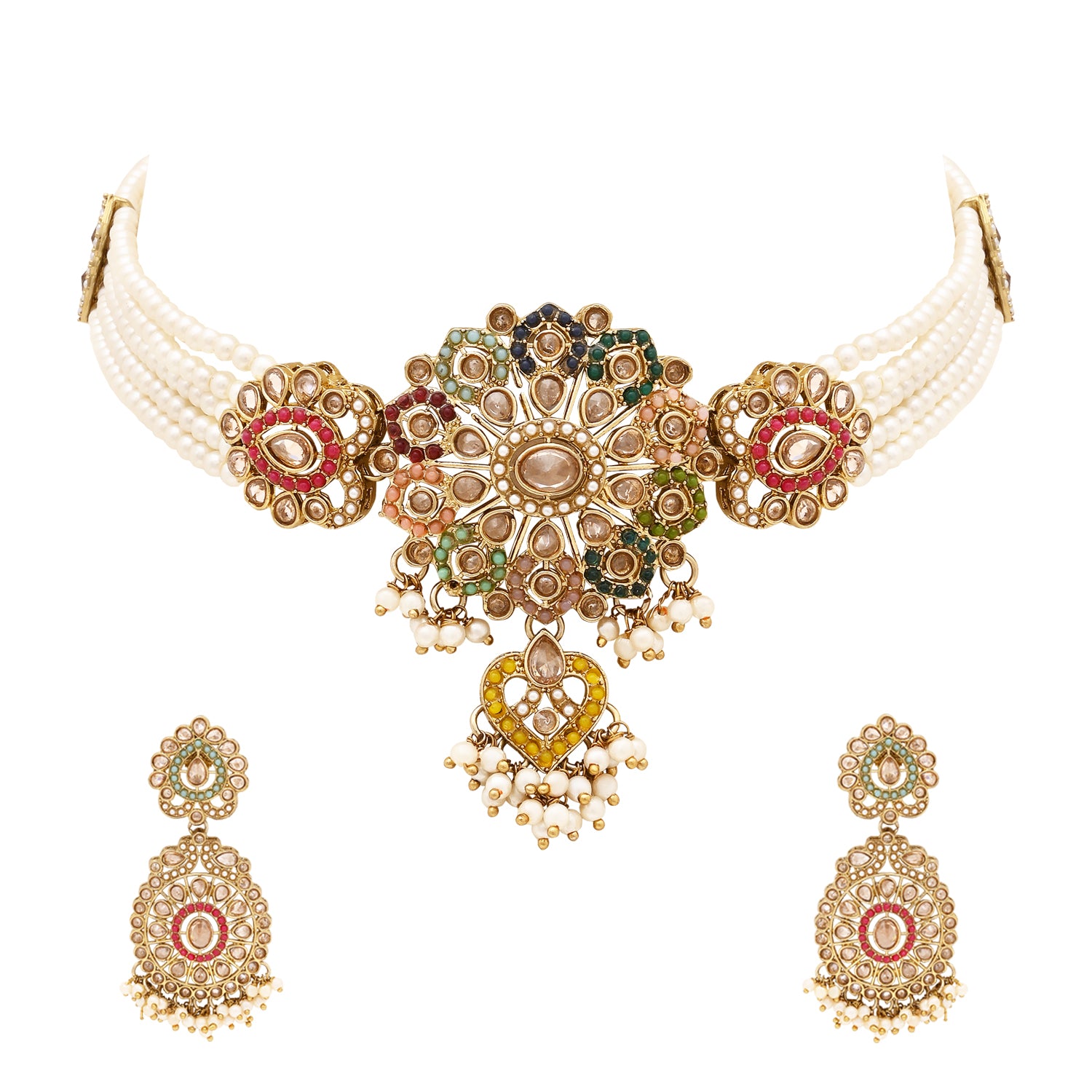 Floral Kundan Pearl Choker Set - Festive Wear