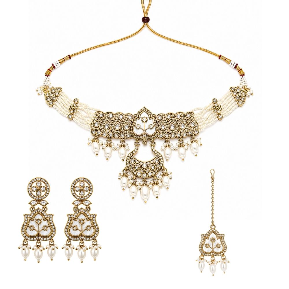 Aarshita- White Mother of Pearls Choker Necklace Set with Pearls