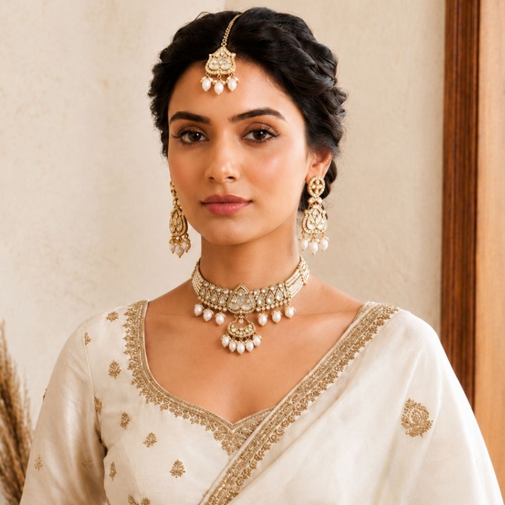 Aarshita- White Mother of Pearls Choker Necklace Set with Pearls