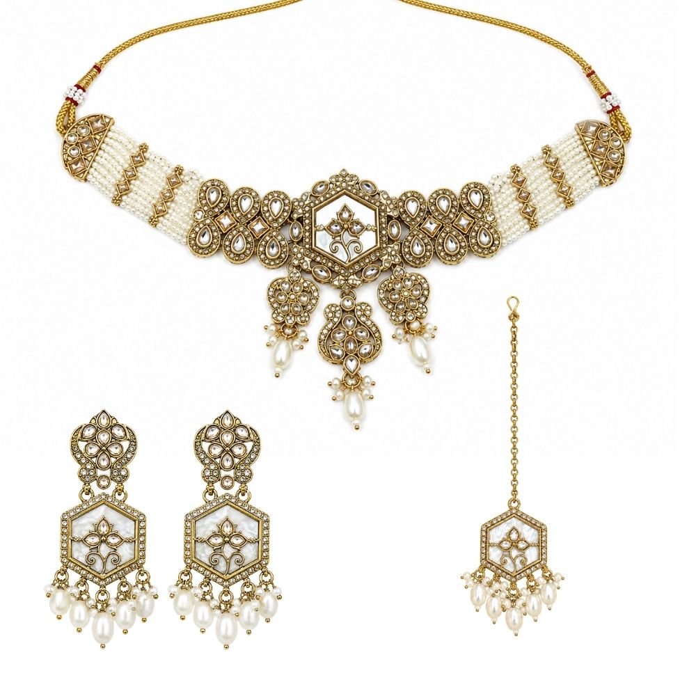 Shritika-  White Mother of Pearls Choker Necklace Set with Pearls