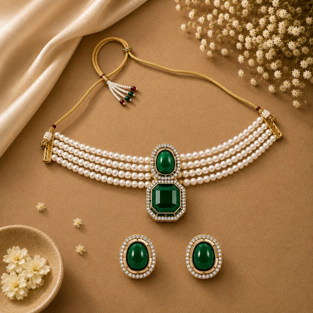 Ekashi- Green Stone Pearl Choker Necklace Set