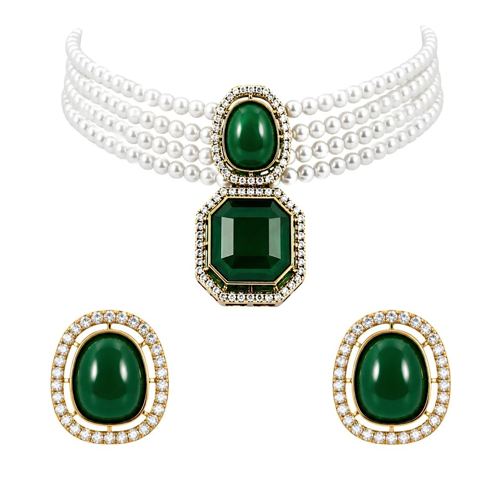 Ekashi- Green Stone Pearl Choker Necklace Set