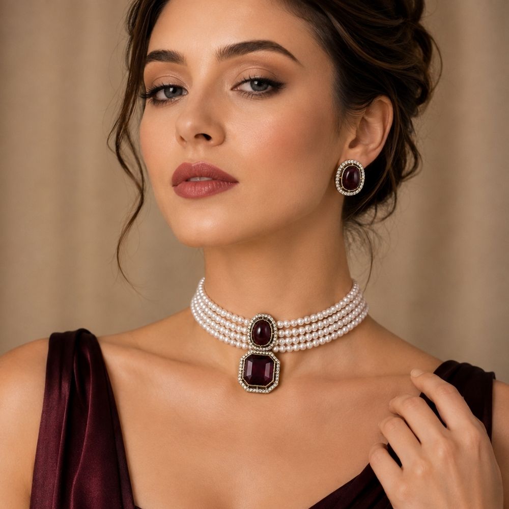 Ekashi- Wine Stone Pearl Choker Necklace Set